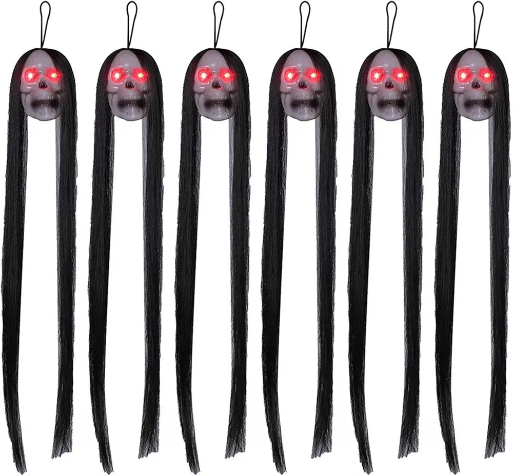 Hanging Skull Halloween Indoor Decoration Spooky Glowing Long Hair Skull Festival Glowing Skull Spooky Room Decors 6PCS