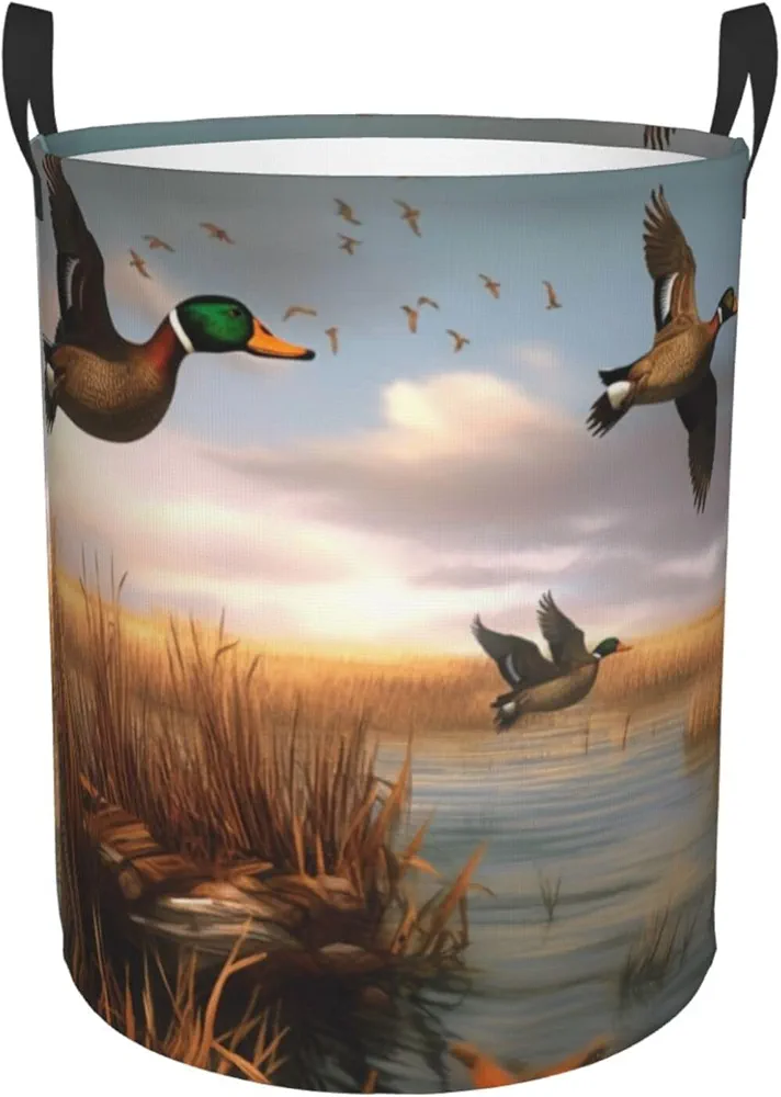 Laundry Baskets with Handles Waterproof Small inches Storage Basket, Collapsible Laundry Hampers, Laundry Room Organization & Apartment Essentials - Hunting Flying Wild Ducks