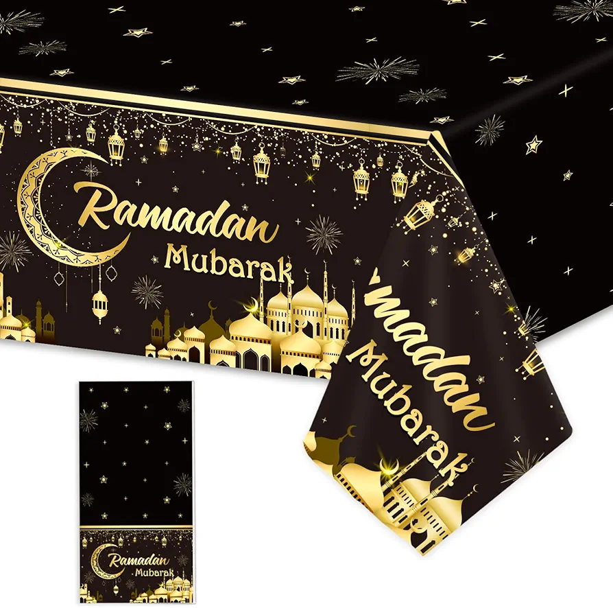 3pcs Ramadan Mubarak Tablecloths Eid Mubarak Party Table Decorations Ramadan Kareem Party Decorations Supplies Black and Golden Rectangle Table Cover for Eid Al-fitr Dinning Room Party Favors