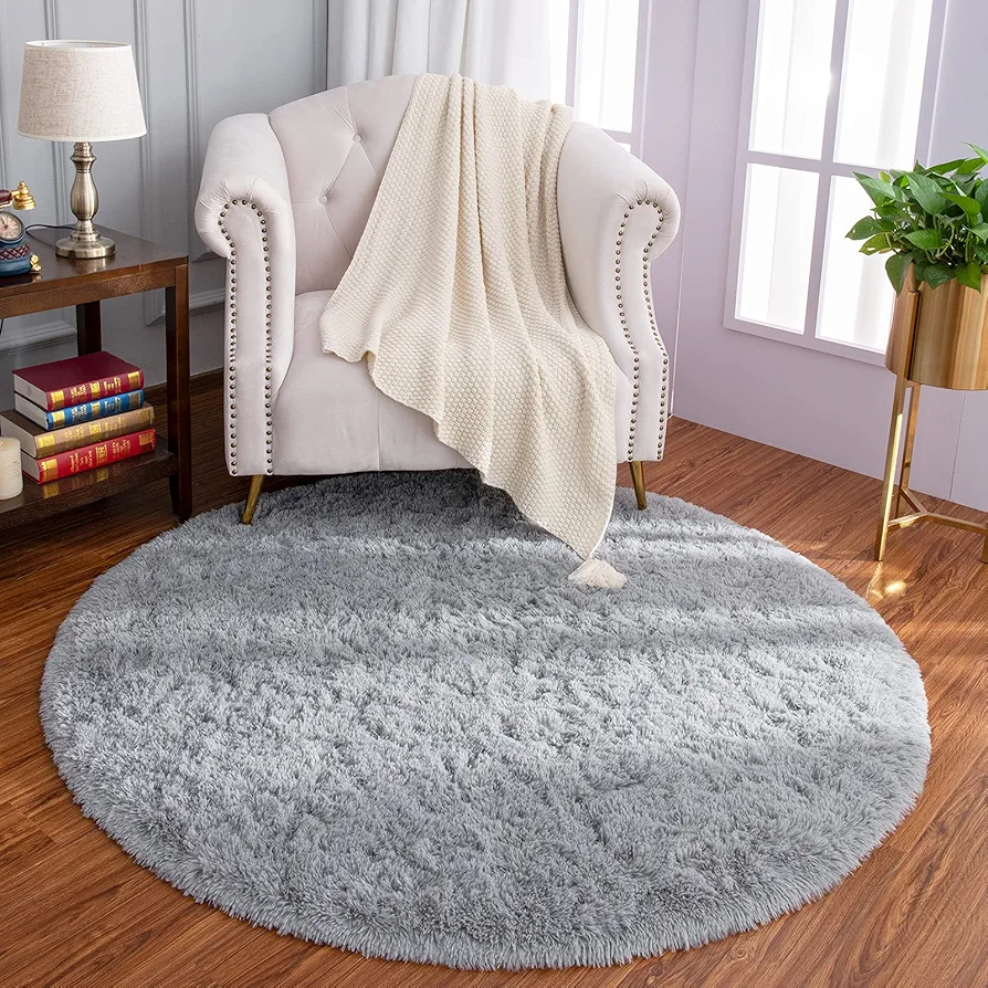 LOCHAS Luxury Round Fluffy Area Rugs for Bedroom Kids Girls Room Nursery, Super Soft Circle Rug, Cute Shaggy Carpet for Children Living Room, 4x4 Feet Grey