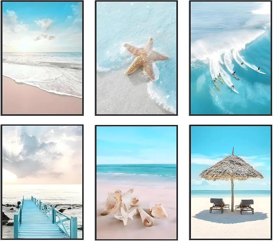 Seaside Beach Canvas Wall Art 6 Pcs Beach Poster Prints Blue Ocean Surf Pictures Summer Coastal Nature Scenery Prints Beach Young Men And Women Room Decor Unframed