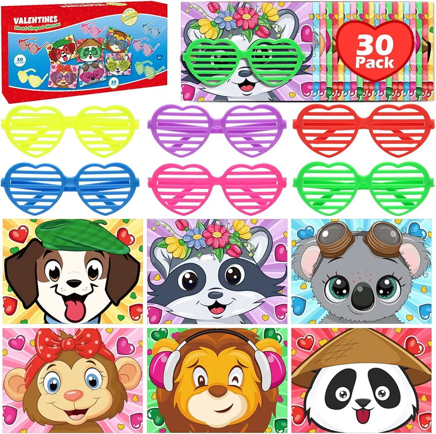 30 Pack Valentines Day Gifts for Kids, Heart Shaped Glasses with Greeting Cards for Kids, Valentine's Day School Prize Party Favor, Classroom Exchange Gift Set Ideal Valentine Gifts