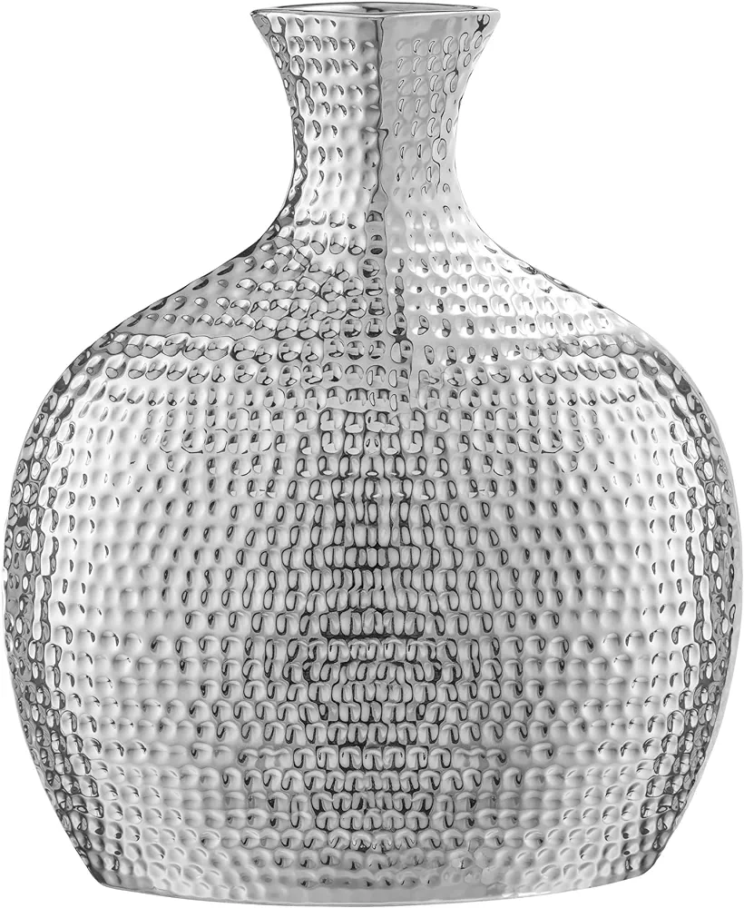 Helio Chrome Ceramic Bottle Vase by Torre & Tagus - Ceramic Silver Vases for Decor | Tall Vase for Centerpiece Display | Handcrafted with a Dimpled Pattern & Non-Tarnishing Finish | 10” Tall, Silver