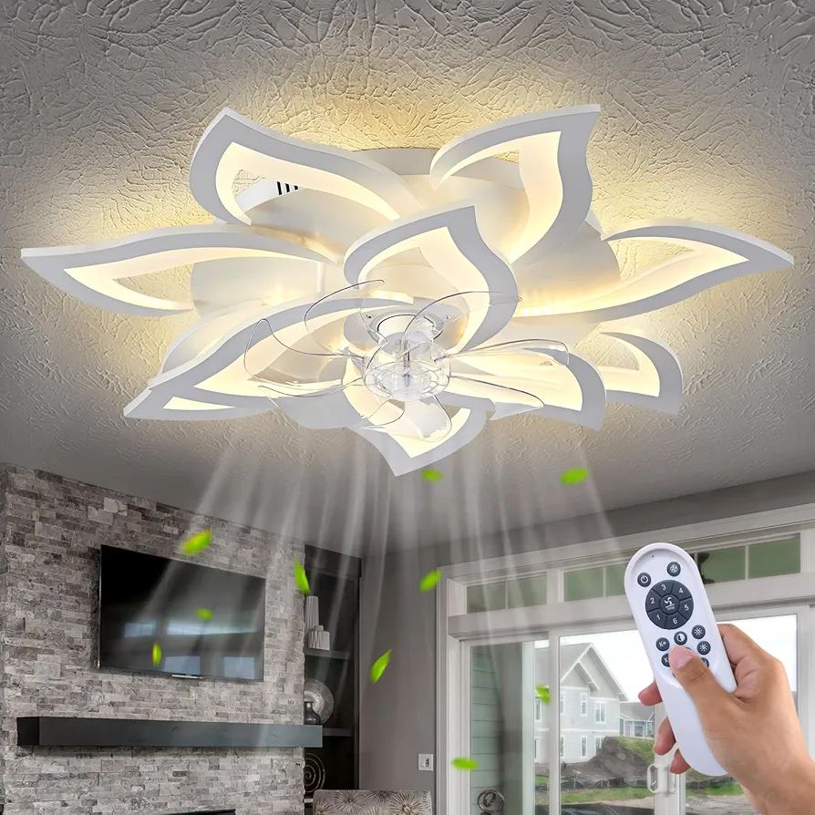 Modern Ceiling Fan with Light and Remote, Low Profile Ceiling Fans with Lights, 32 Inch Flush Mount Ceiling Fan with 3 Light Color 6 Speeds, Fandelier Ceiling Fan for Living room, Dining room