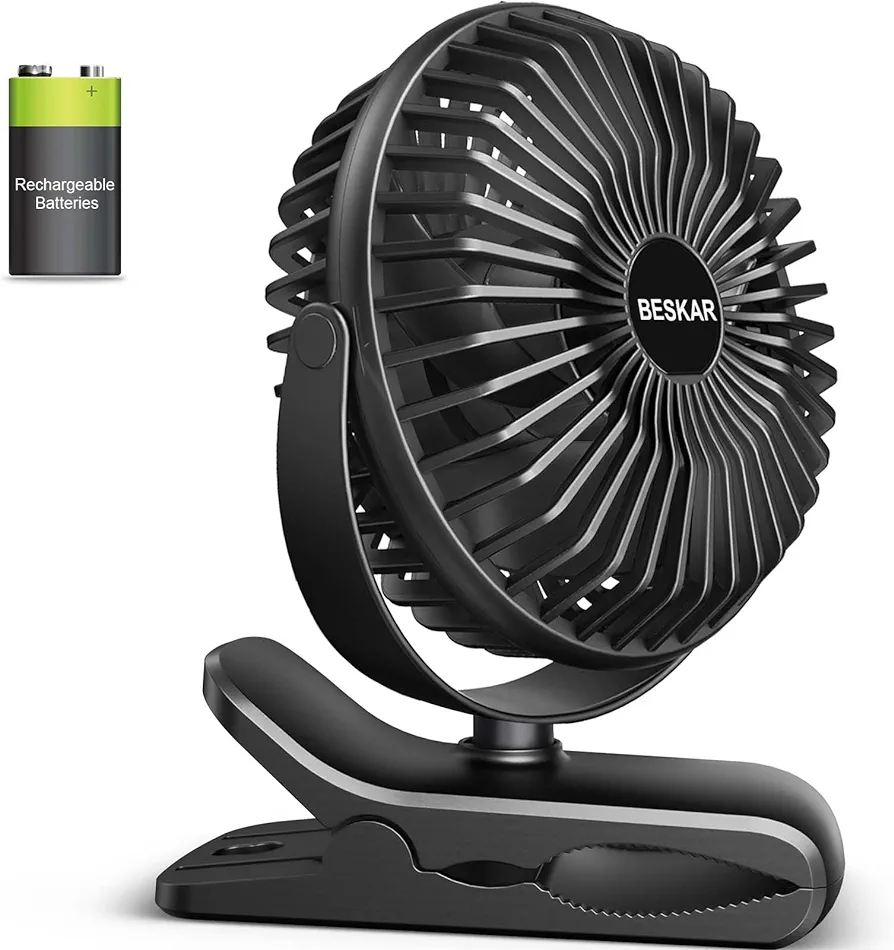 BESKAR Portable Clip on Fan Rechargeable, 4 Speeds Small Battery Operated Fan, USB Desk Fan with Strong Airflow, Sturdy Clamp for Golf Cart Office Outdoor Travel Camping