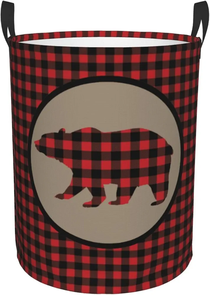 Red Black Buffalo Plaid Bear Laundry Basket Waterproof Collapsible Round Laundry Hamper Toys Clothes Organizer Gift Basket For Room Medium