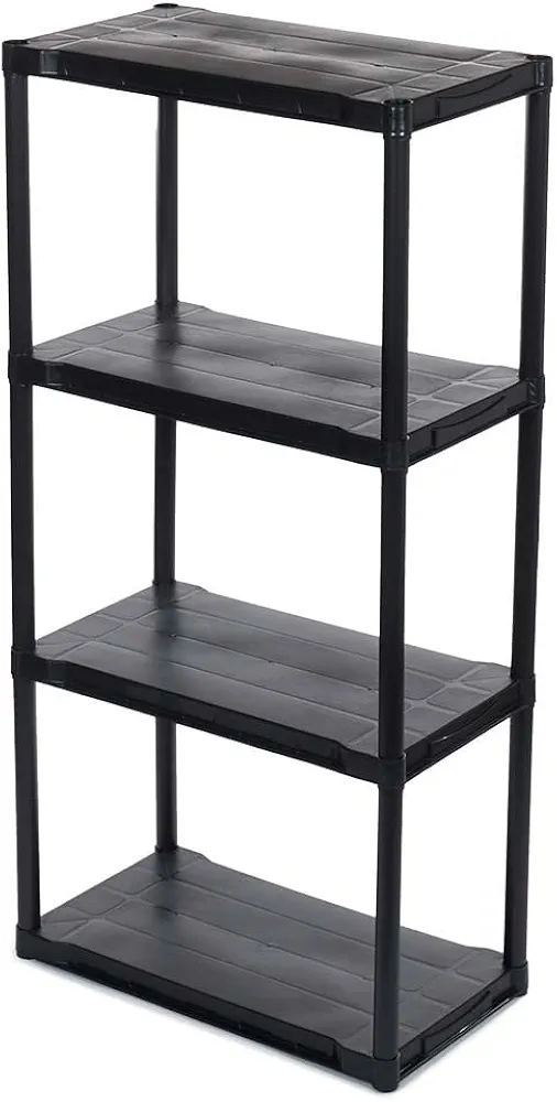 Home Basics Tiered Plastic Shelf, Black | Organize a Garage, Basement or Laundry Room | Easy to Clean | Sturdy Storage Solution (55" 4 Tier Plastic Shelf)