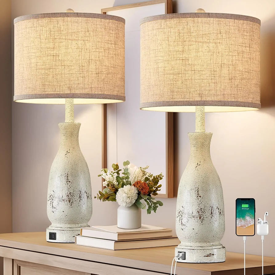 28'' Rustic Farmhouse Table Lamps for Living Room End Tables Vintage Bedroom Lamps Set of 2 Bedside Nightstand Lamps with USB A+C Charging Ports, Rotary Switch, Bulbs Not Included