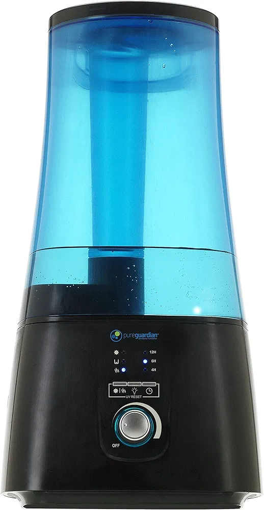 PureGuardian 2-Gallon Ultrasonic Warm and Cool Mist Humidifier with UV-C, Aromatherapy Tray, 100 Hours. Run Time, Covers 380 Sq. Ft., Quiet, Filter Free, Blue/Black, H5450BCA