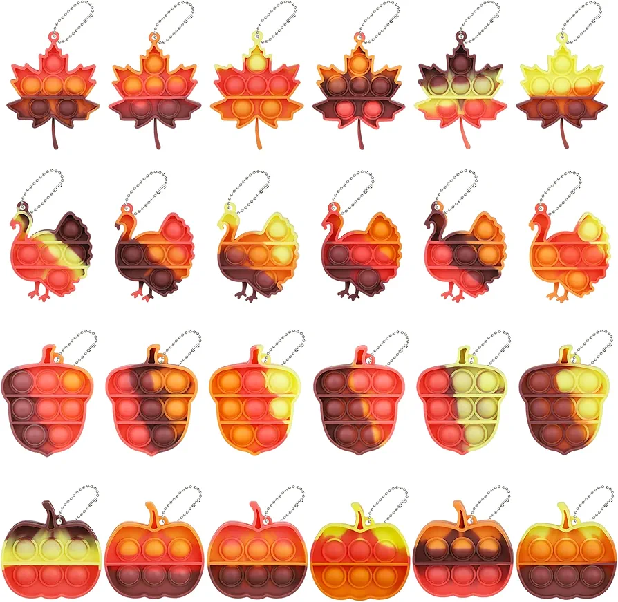 Fall Party Favors Thanksgiving Toys, 24 Pcs Mini Pop Fidget Keychain for Kids Pumpkin Turkey Sensory Toys Fall Festival Pinata Goodie Bag Stuffers Treats Classroom Prizes Gifts for Boys Girls Toddler