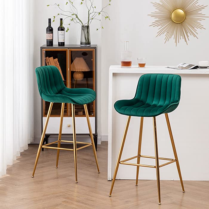 Sidanli Bar Height Stools Set of 2, Gold Bar Chairs in Modern Design, Green Bar Stools for Kitchen Counter