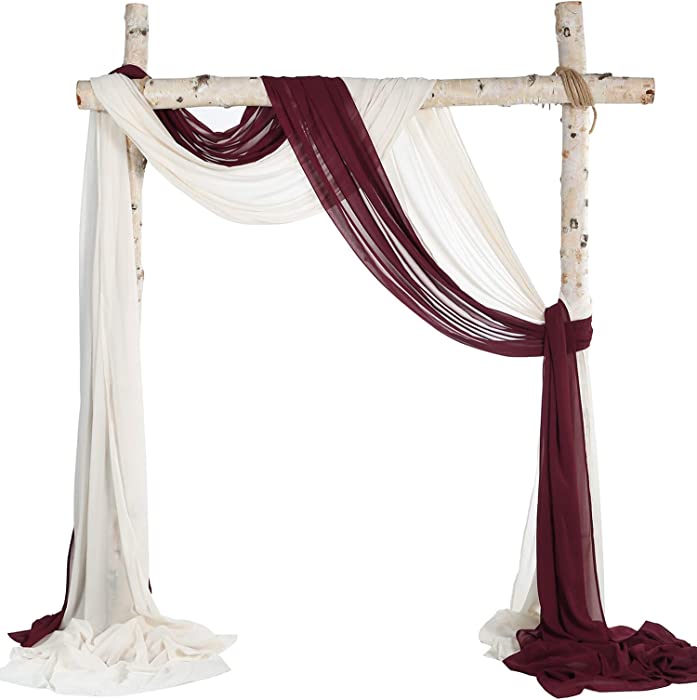 SHERWAY 2 Panels Chiffon Fabric Drapery Wedding Arch Drapes, Party Backdrop Curtain Panels, Ceremony Reception Swag Decoration (27 x 216 Inch, Burgundy & Ivory)