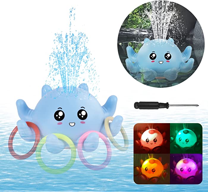 AOLIGE Bath Toys for Toddlers, Octopus Light Up Spray Baby Bathtub Toy, Induction Sprinkler Kids Water Toys for Bathroom, Pool, Bathtub (Blue Octopus with 4 Rings)