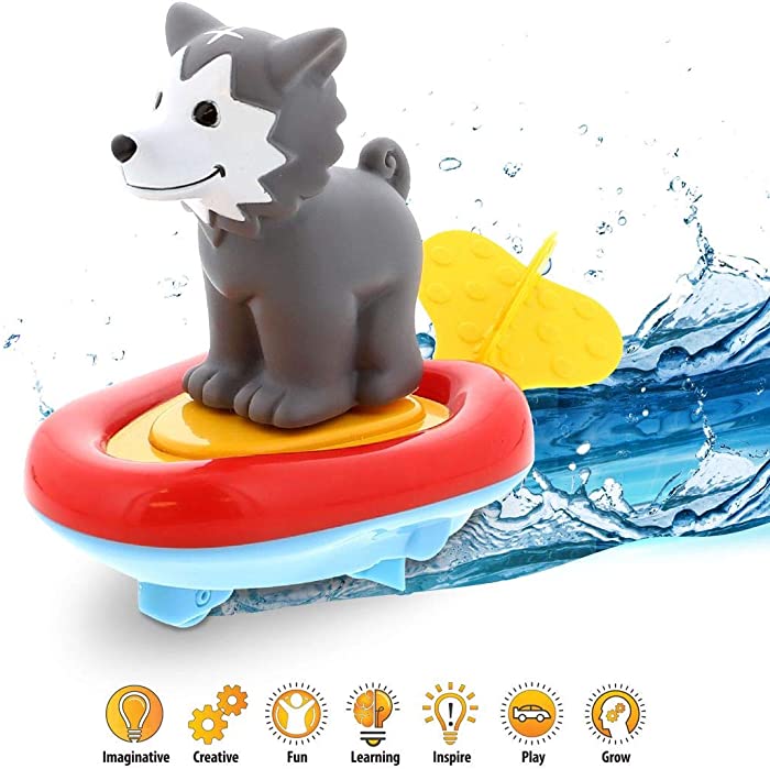 Dollibu Boat Racer Buddy, Fun Educational Bath Toy Finger Puppet Pull and Go Water Racing Woodland Pal for Shower Pool Bathtub Swim Hard Surfaces for Baby Toddler and Boy - 6 Inch - 3 in 1 Game - Wolf