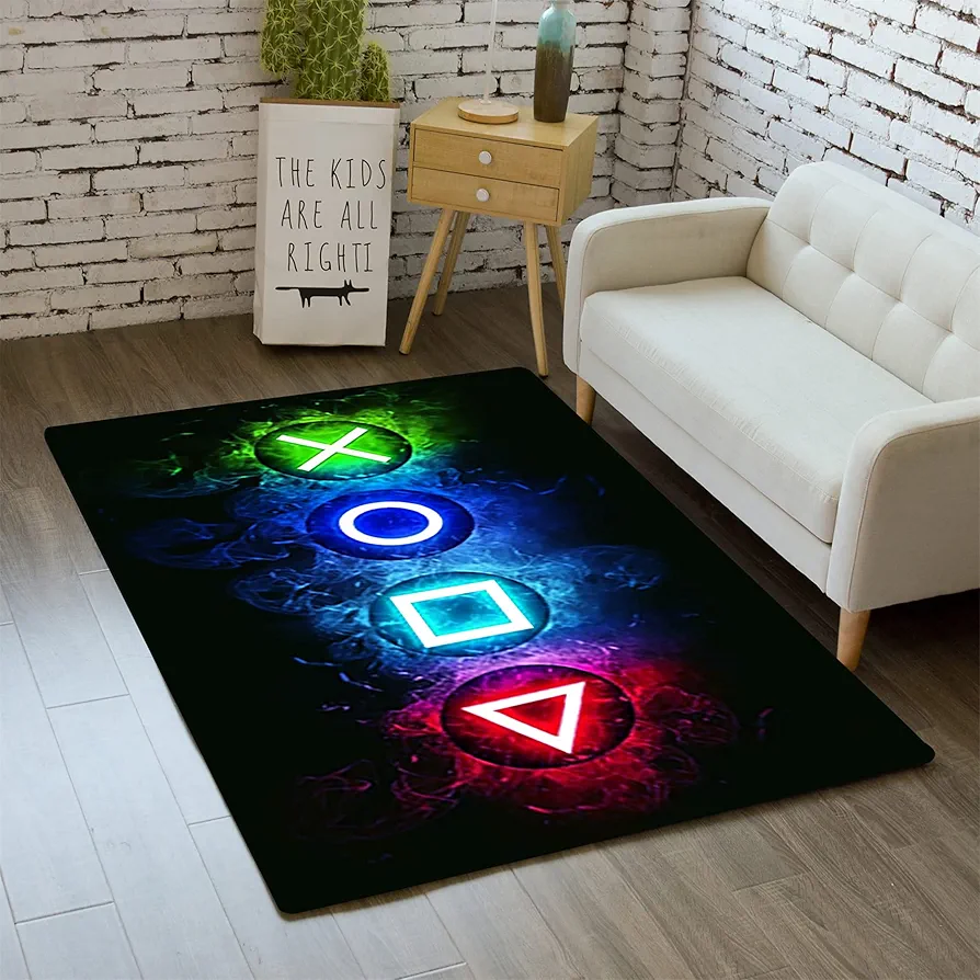 Video Game Controller Gamepad Home Decor Printed Large Area Rugs for Teen Boys Kids Play Bedroom, Black Polyester Fiber Floor Carpet Yoga Mat for Living Room