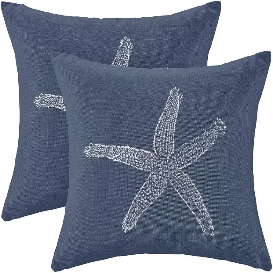 Coastal Pillow Covers 18 X 18 Inch Set of 2, Navy Blue Starfish Throw Pillow Covers Beach Pillowcase Linen Nautical Decor for Indoor Outdoor Home Sofa Bedroom Living Room