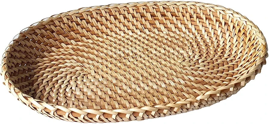 Natural Rattan Bread Basket for Serving 12x8x2” Oval Wicker Fruit Tray Handmade Small Storage Baskets for Decorative Kitchen Counter Organizing Table, Living Room, Office and Outdoor Picnic