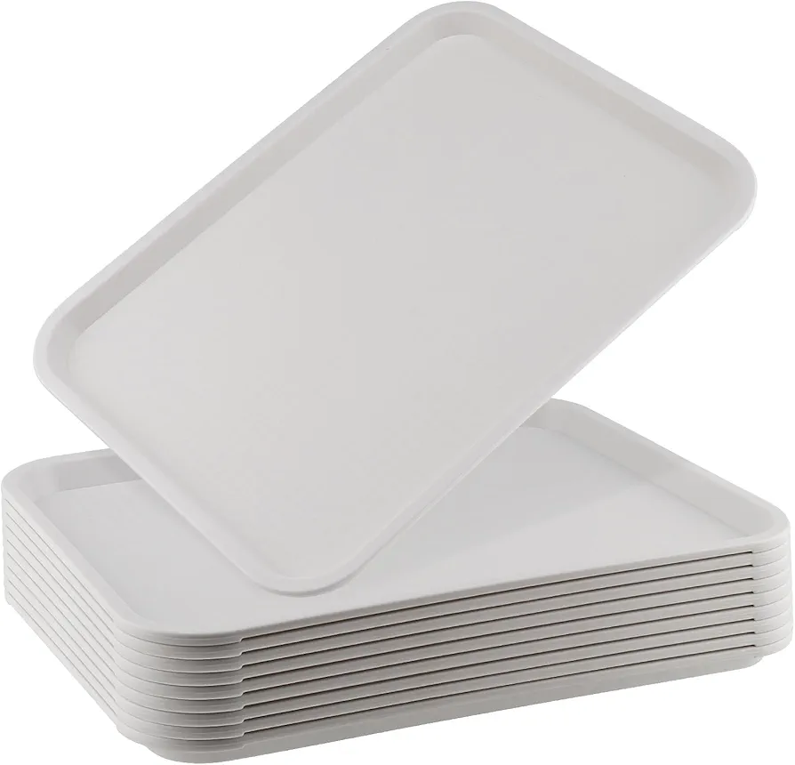 10 Pack 16 x 12 Inch Plastic Fast Food Tray, Rectangular Plastic Cafeteria Trays Food Serving Trays, Large Lunch Trays for Serving Food Home Restaurant Dinning Room Organization, White