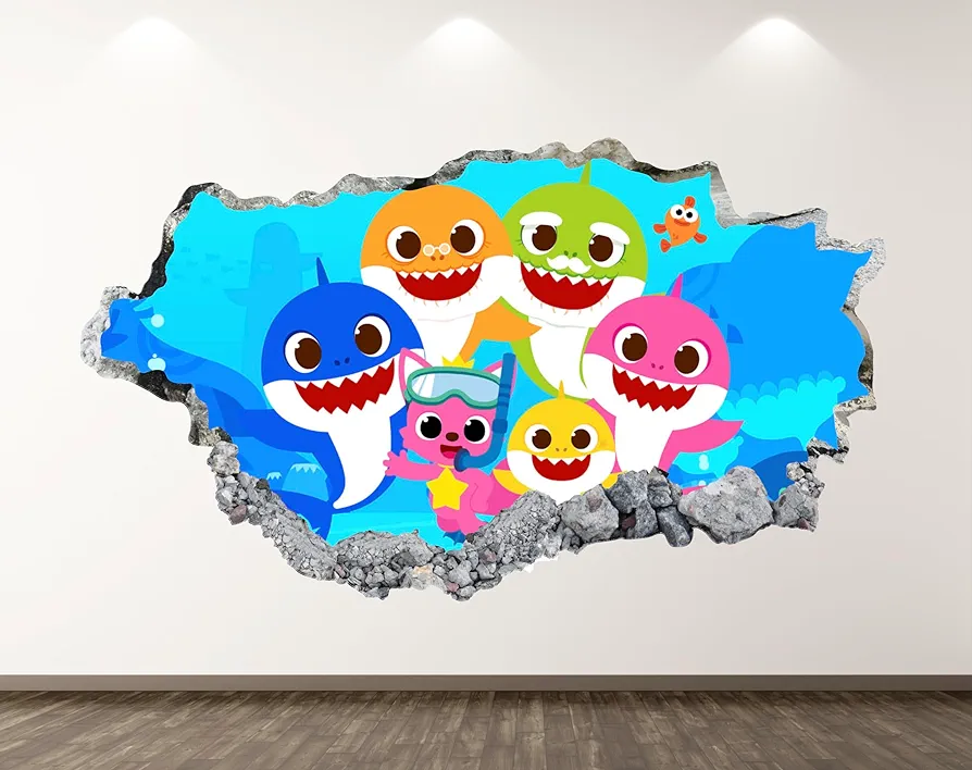 Generic Baby Shark Wall Decal for Kids Bedroom - Shark Nursery Wall Decals - Smashed 3D Sharks Decoration for Boys Room - Shark Cartoon Wall Decor - Playroom Classroom Art Vinyl Mural Sticker BR12