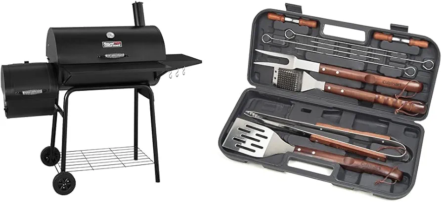 Royal Gourmet CC1830S 30" BBQ Charcoal Grill and Offset Smoker | 811 Square Inch cooking surface, Outdoor for Camping | Black & Cuisinart CGS-W13 Wooden Handle Tool Set, Black (13-Piece)