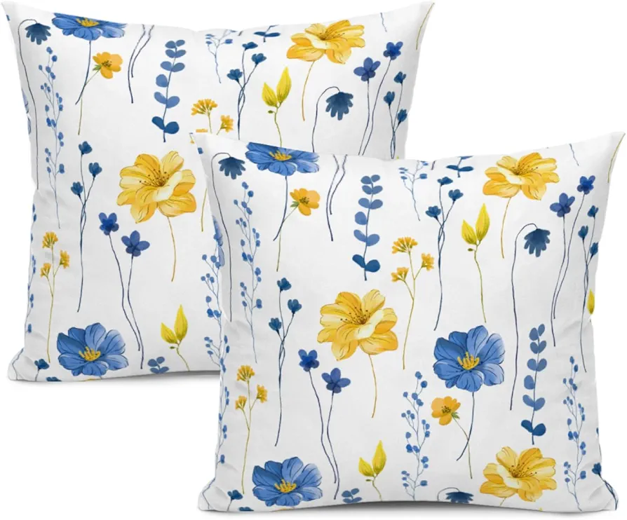 Navy Blue Yellow Flower Decorative Pillow Covers 18x18 Inch Set of 2 Watercolor Floral Throw Pillow Cases Boho Pillowcases for Couch Bed Sofa Cushion Living Room Decor