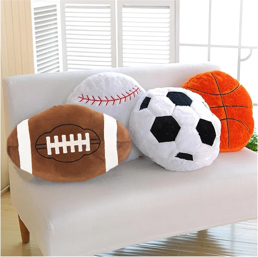 4 Pcs Sports Throw Pillows Fluffy Stuffed Soccer Ball Plush Pillow Baseball Throw Pillow Soft Stuffed Basketball Plush Pillows Football Shaped Plush Toy Sport Theme Cushion for Kids Room Decoration