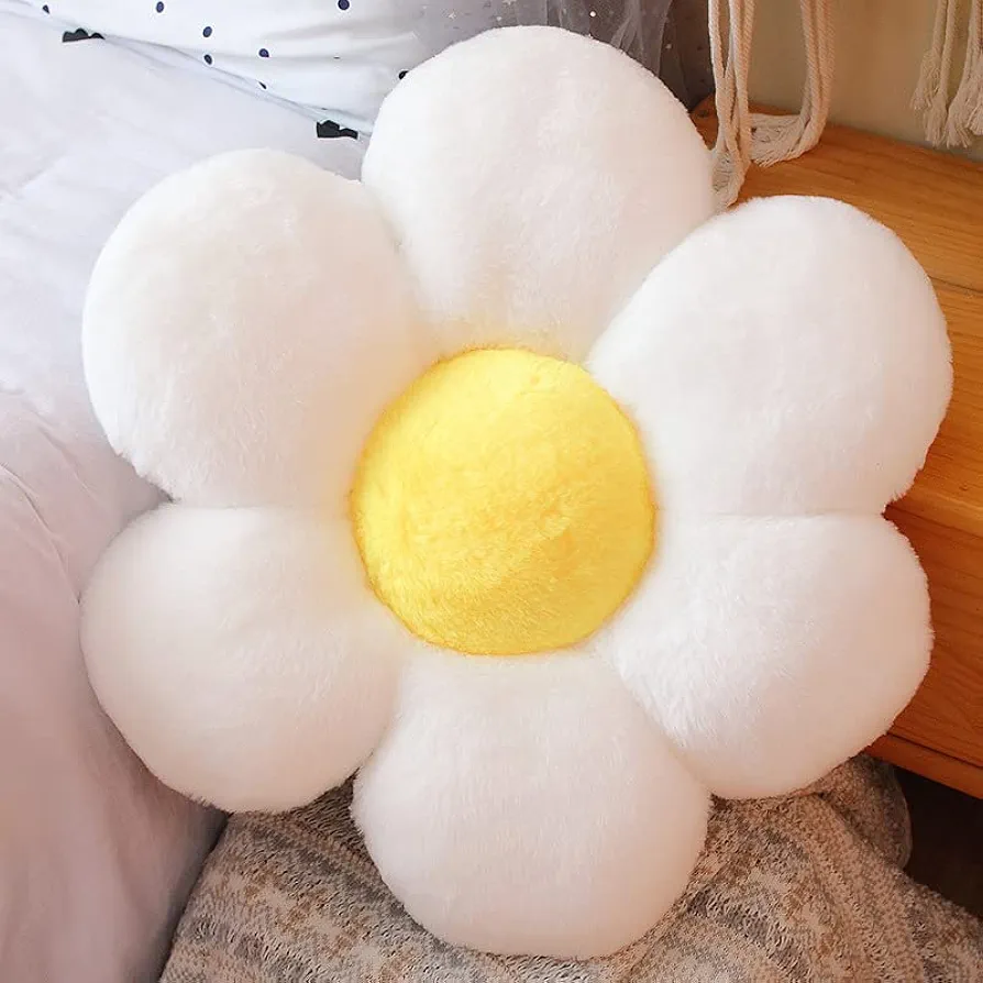 20” Flower Pillow Shaped Throw Pillow Daisy Pillow Plant White Pillows Aesthetic Room Floor Cushion Decor for Teen Girls Sofa Bedroom Kids' Throw Pillows