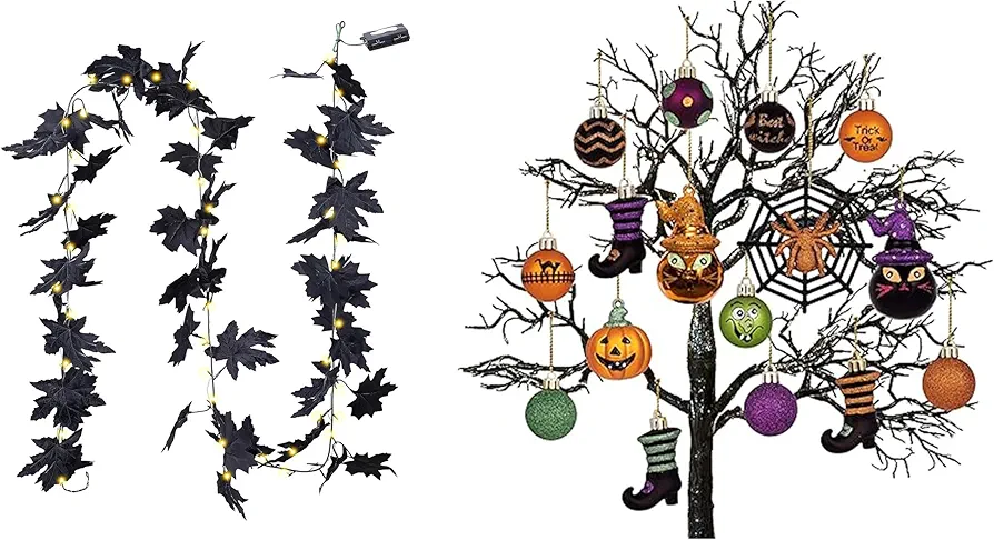 Valery Madelyn Halloween Decorations Value Bundle (2 Items), 9 Feet Black Maple Leaf Garland & 24ct Halloween Ornaments Tree Decorations for Holiday Party Indoor Home Decor