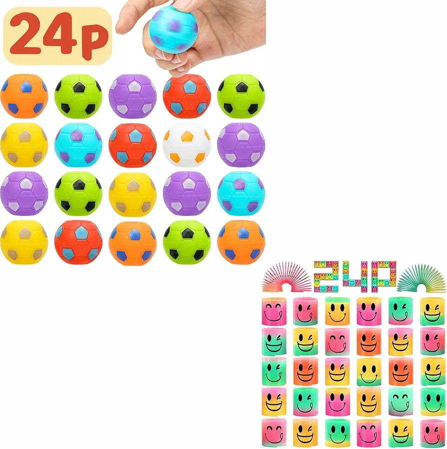 AZEN 24 Pcs Mini Spring & 24 Pcs Mini Soccer Ball Favors for Kids, Goodie Bags Stuffers for Birthday Party, Classroom Prizes Kids Prizes, Small Bulk Toys Gifts