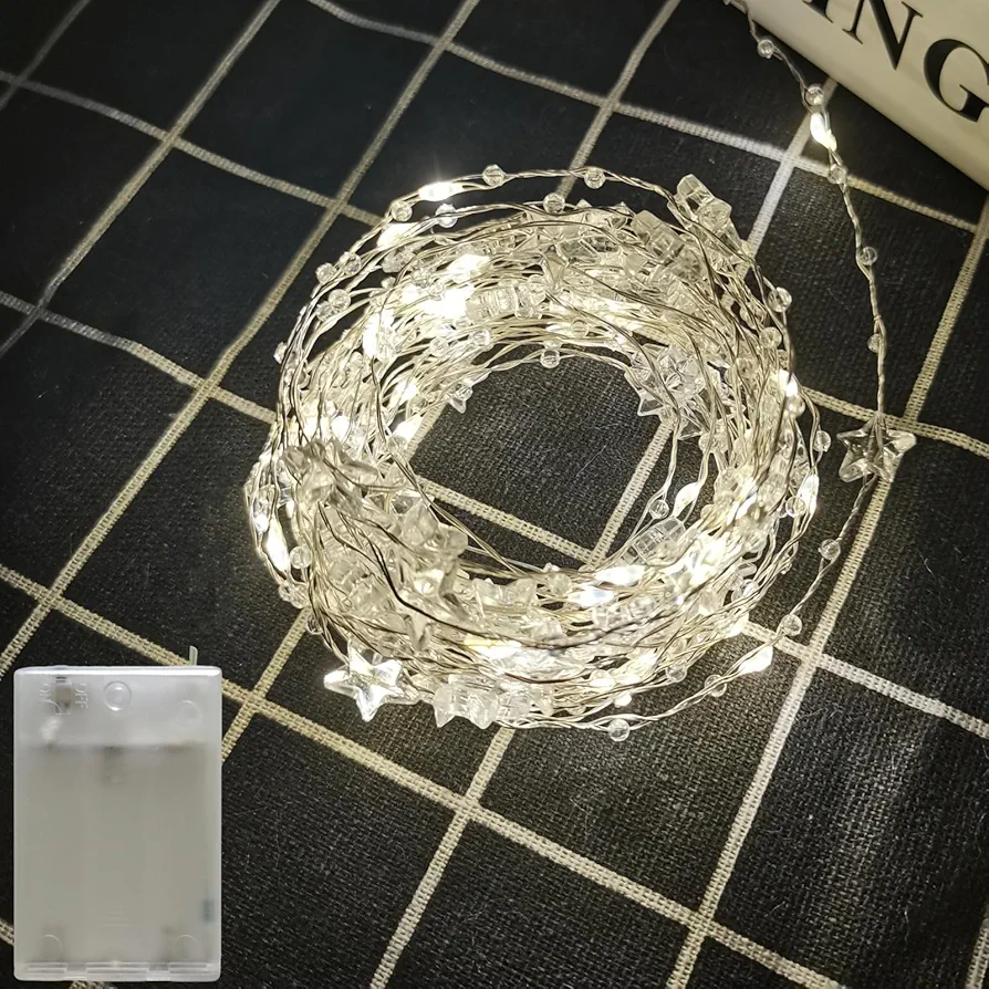 Fairy Lights Battery Operated LED String Lights with Crystal Stars Waterproof Copper Wire Decor Lights for Home Bedroom Wedding Birthday Christmas Parties Decoration, 16 Feet 50 LEDs, Warm White