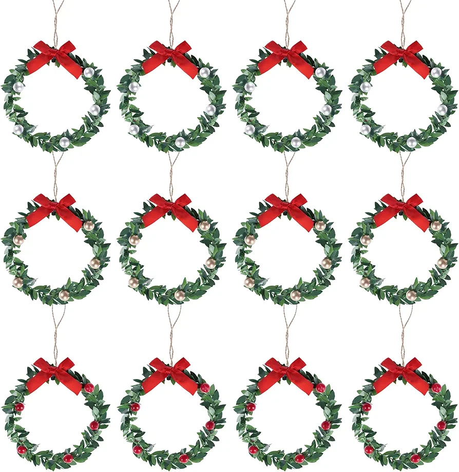 12Pcs Mini Christmas Wreaths Small Green Hanging Wreath Christmas Ornament for Cabinets Winter Holiday Home Outdoor Indoor Window Christmas Tree Crafts Decorations 4 Inch