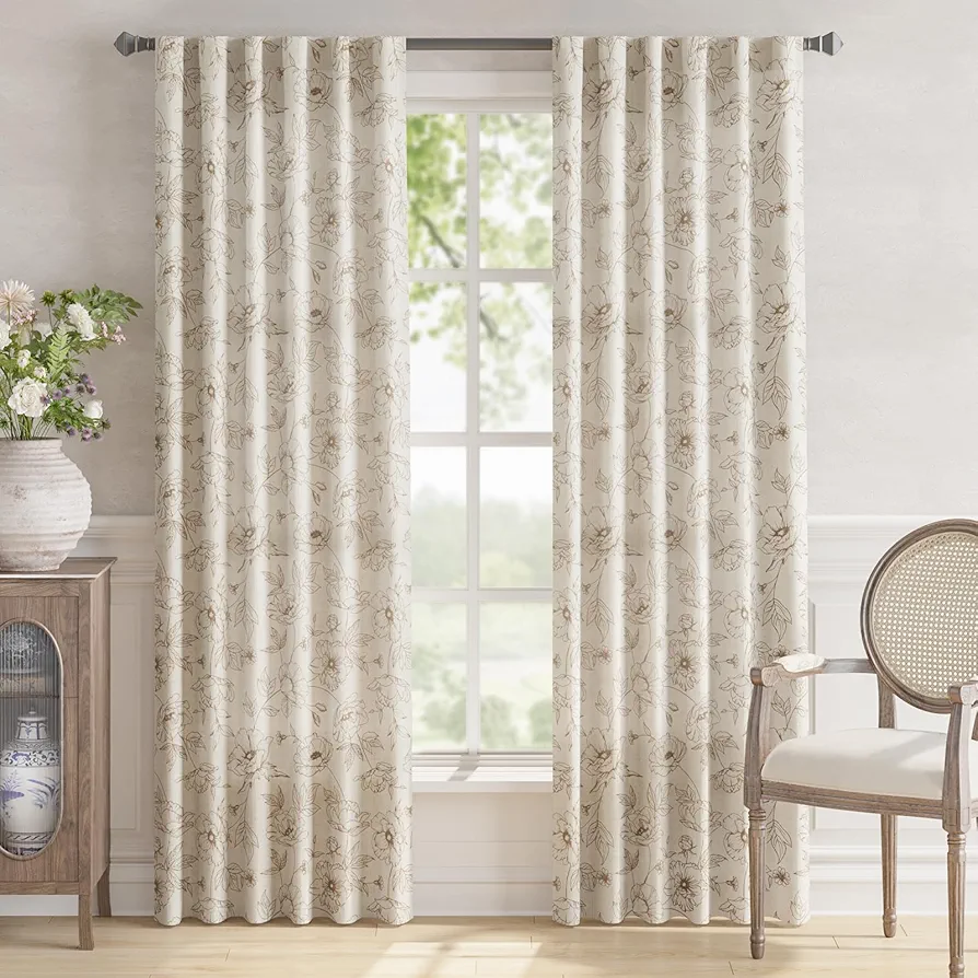 jinchan Floral Curtains for Living Room Linen Curtains 84 Inch Length Taupe Flower Curtains Rod Pocket Back Tab Farmhouse Curtains with Printed Floral Bedroom Window Curtain Set, 2 Panels Taupe