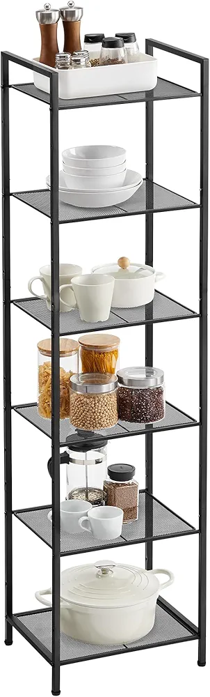 SONGMICS 6-Tier Storage Rack, Bathroom Shelf, Extendable Plant Stand with Adjustable Shelf, for Bathroom, Living Room, Balcony, Kitchen, Classic Black UBSC036B01