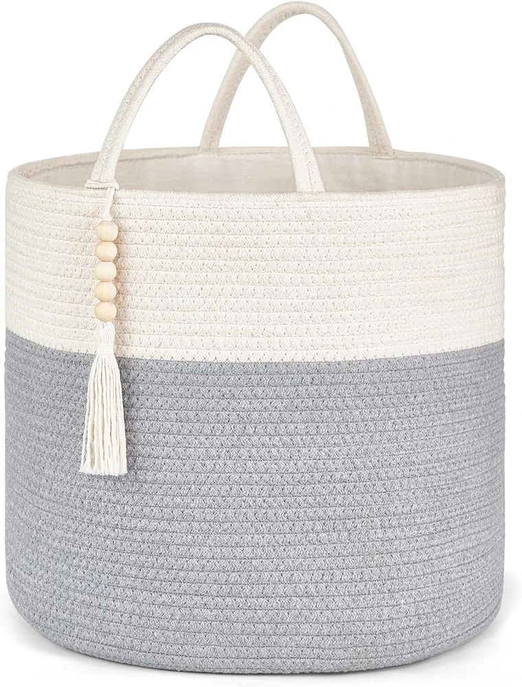 Mkono Woven Storage Basket Decorative Rope Basket Wooden Bead Decoration for Blankets,Toys,Clothes,PlantOrganizer Bin with Handles Living Room Home Decor, Grey and White, 16" W × 13.8"L