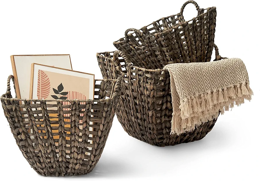 Artera Large Wicker Storage Basket - Set of 3 Woven Water Hyacinth Blanket Baskets with Handle, Natural Nesting Storage Bins for Living Room, Bedroom, Bathroom or Laundry Room