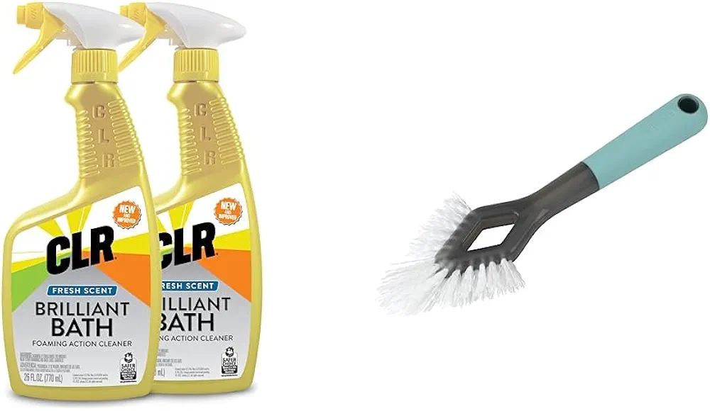 CLR Brilliant Bath Foaming Bathroom Cleaner Spray, 26 Ounce Bottle (Pack Of 2) & Casabella Smart Scrub Heavy Duty Tile and Grout Cleaning Brush, Gray, Grey/Aqua (15933)