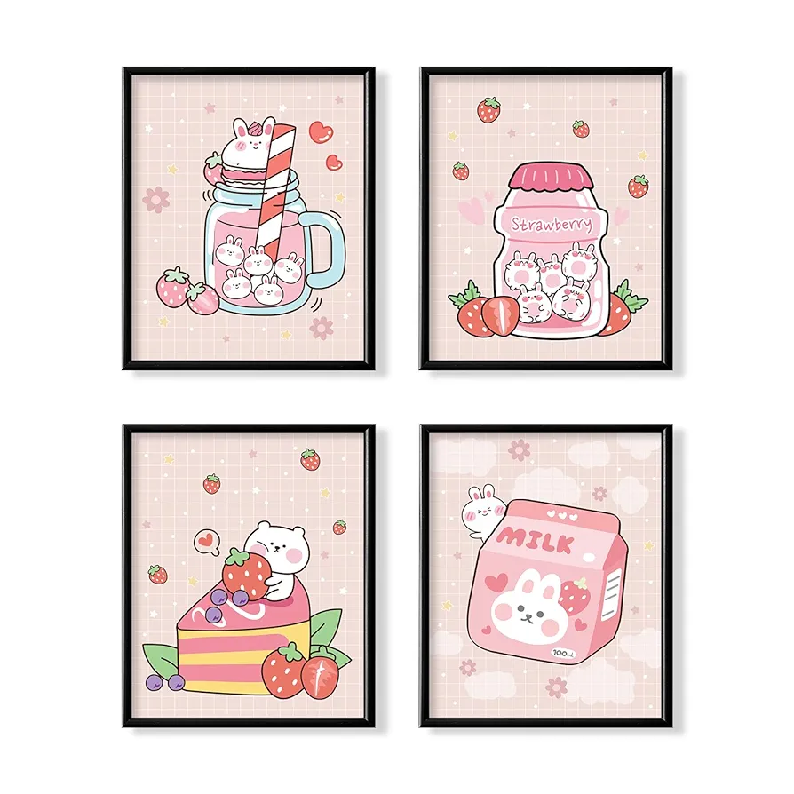 Kawaii Japanese Anime Wall Decor for Dining Room - Pink Cute Kitchen Room Decor - Aesthetic Rabbit Strawberry Posters Prints for Teen Girl Bedroom Wall Art - Kids Nursery Gifts - Apartment Pictures