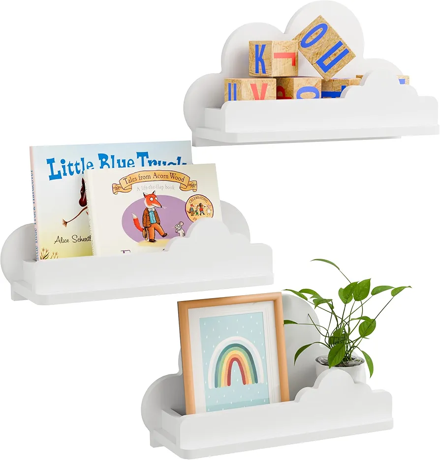 Cloud Shelves for Kid’s Room Nursery Wall Deor Set of 3, White Cloud Bookshelf Floating Shelf, Small Figure Shelf Wall Mounted, Cute Decorative Cloud Floating Shelf for Toys, Plants & Storage