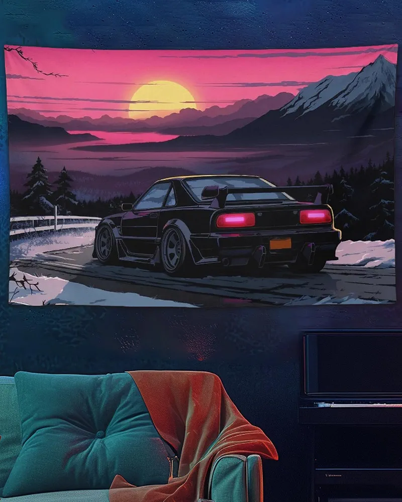 QEOPGNE Car Wall Tapestry Car Flag Wall Art Anime Sunset Japanese S13 Jdm Tapestry Wall Hanging Decor for Bedroom Living Room Wall Decor for Men and Women 40"x60"