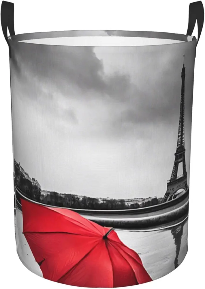 Laundry Baskets with Handles Waterproof Small inches Storage Basket, Collapsible Laundry Hampers, Laundry Room Organization & Apartment Essentials - Eiffel Tower Paris Street Red Umbrella