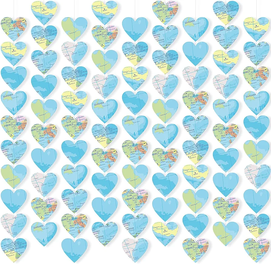 12 Pcs Travel Themed Party Decorations Vintage World Map Garland Classroom Banner Decorations Heart Hanging Baby Shower Decor for Indoor Outdoor Wedding Birthday Party Supplies