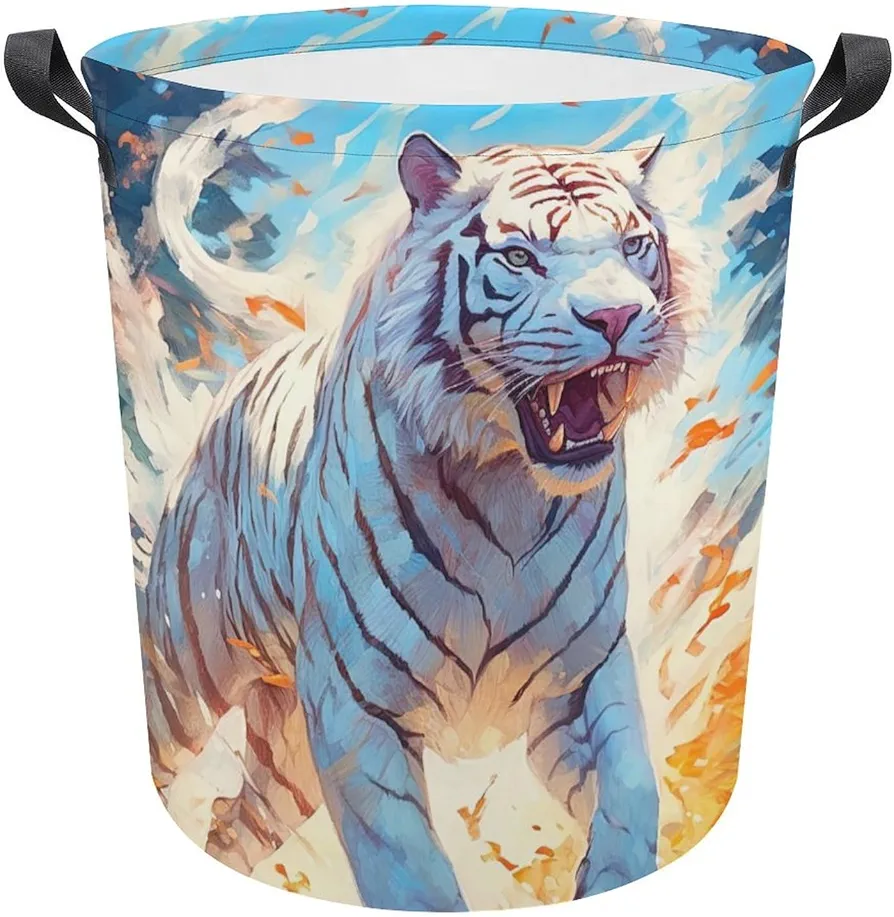 Tiger Laundry Basket, Carnivore Collapsible Laundry Hamper, Waterproof Oxford Cloth Laundry Bag with Handles, King of Forest Clothes Toy Organizer Basket for Room