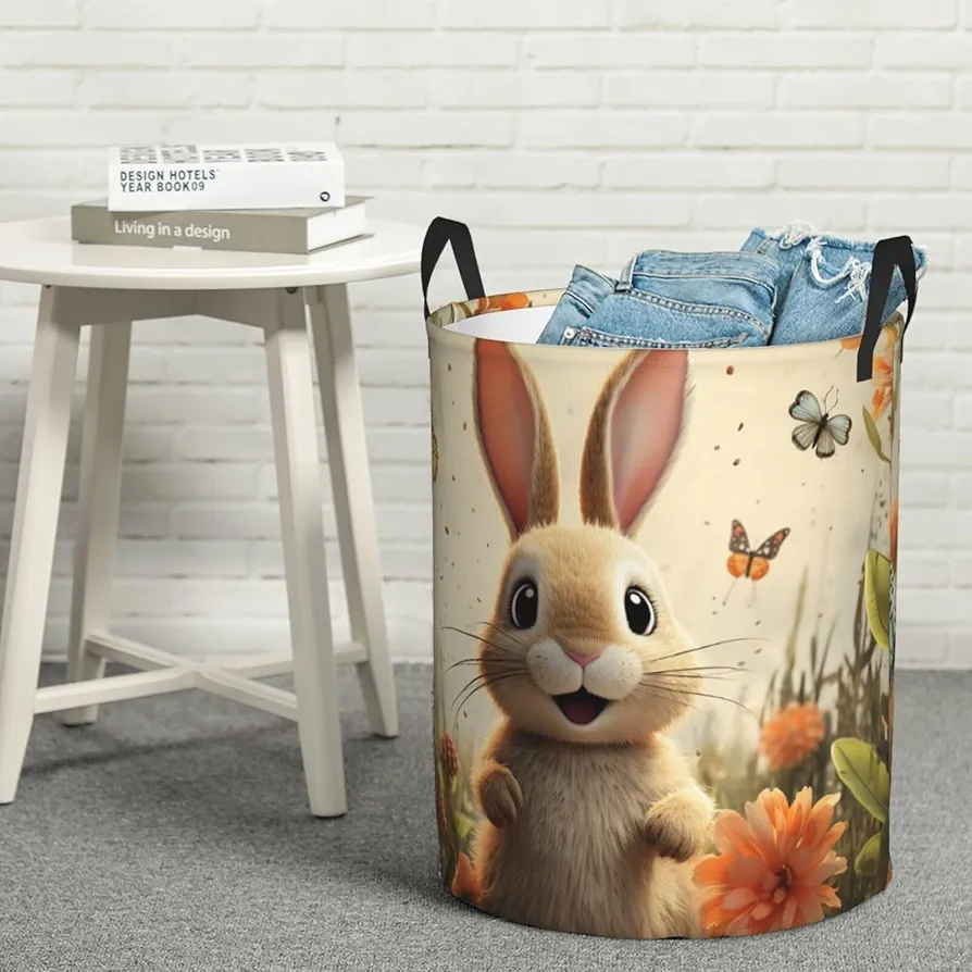 Laundry Basket Waterproof Laundry Hamper With Handles Dirty Clothes Organizer Cute Rabbit Butterfly And Bee Flowers Print Protable Foldable Storage Bin Bag For Living Room Bedroom Playroom