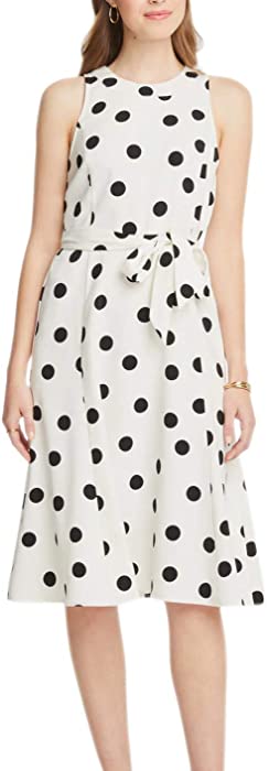 Ann Taylor Women's Mock Neck Sleeveless Belted Swing Dress White Black Polka Dot