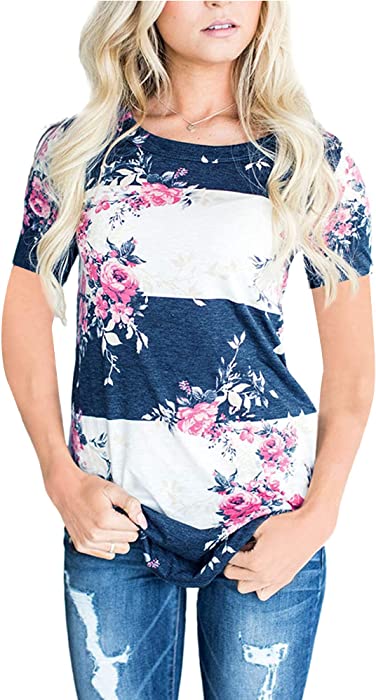 CEASIKERY Women's Blouse Short Sleeve Floral Print T-Shirt Comfy Casual Tops for Women 007