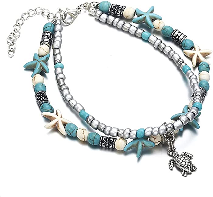 Softones Blue Starfish Turtle Anklet Multilayer Charm Beads Sea Handmade Boho Anklet Foot Jewelry for Women Girl