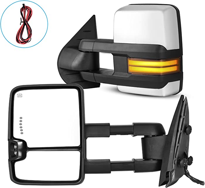 AUTOSAVER88 Towing Mirrors Compatible with 2007-2014 Chevy Silverado Tahoe Suburban, GMC Sierra Yukon, Switchback LED Tube Turn Signal Light Power Heated Telescoping Tow Mirrors Pair Set-Chrome