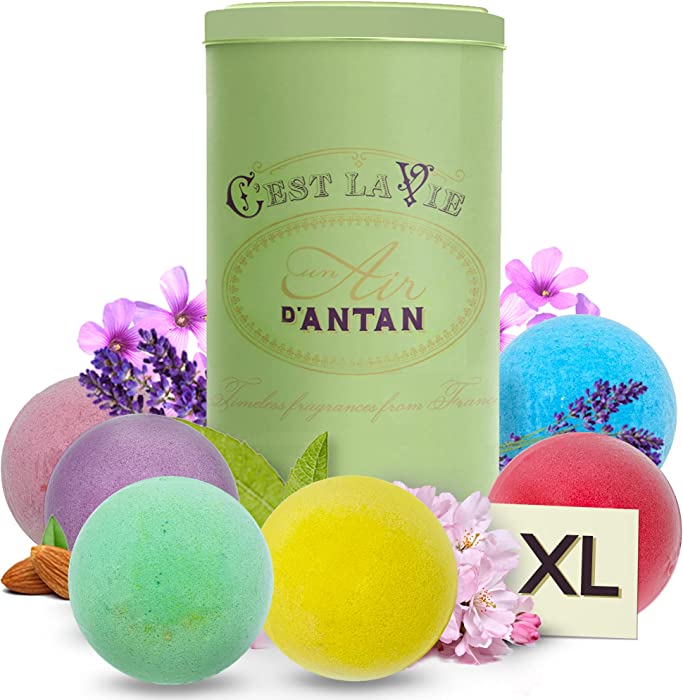 Mom Gift: Essential Oil Bath Bombs Gift Set 6 XL Pack - Handmade & Natural Bathbombs Stain-Free - Un Air d'Antan - Bubble Bath Spa - Avocado Essential Oil for Dry Skin in Gift Set Women, Men, Kids