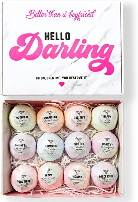 Better than a Boyfriend Co. Hello Darling Deluxe Bath Bomb Gift Set | 12 Organic Bath Bombs, Beauty & Bath Gift Set for Women, Breakup Gifts for Women, Break up Box, Natural Bath Bombs