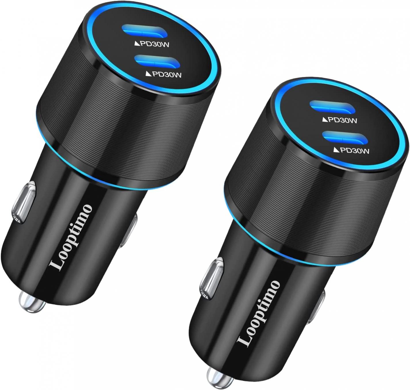 Dual 30W USB C Car Charger Fast Charging, Looptimo 2-Pack 60W Type C Rapid Automobile Adapter, PD(PPS) 3.0 Port Cargador para Carro Compatible for iPhone, Samsung Galaxy, Google Pixel Phones